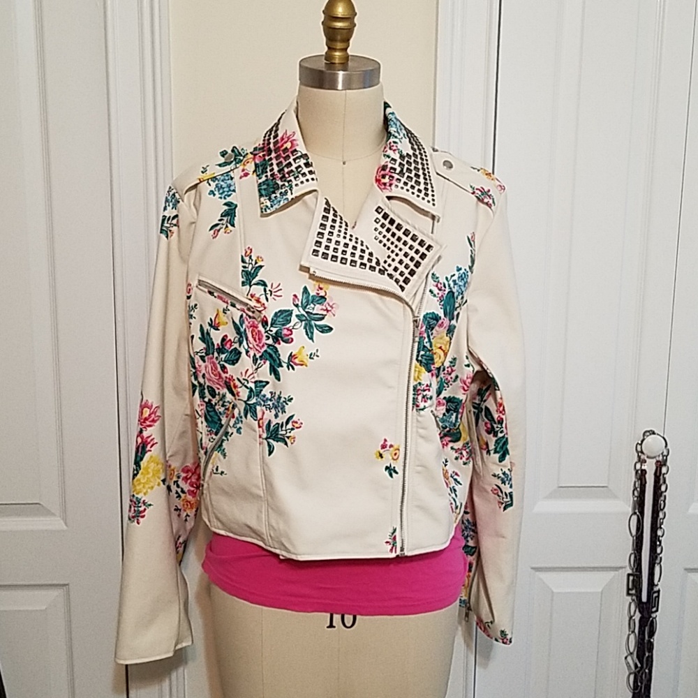 Stylish studded faux leather floral jacket
